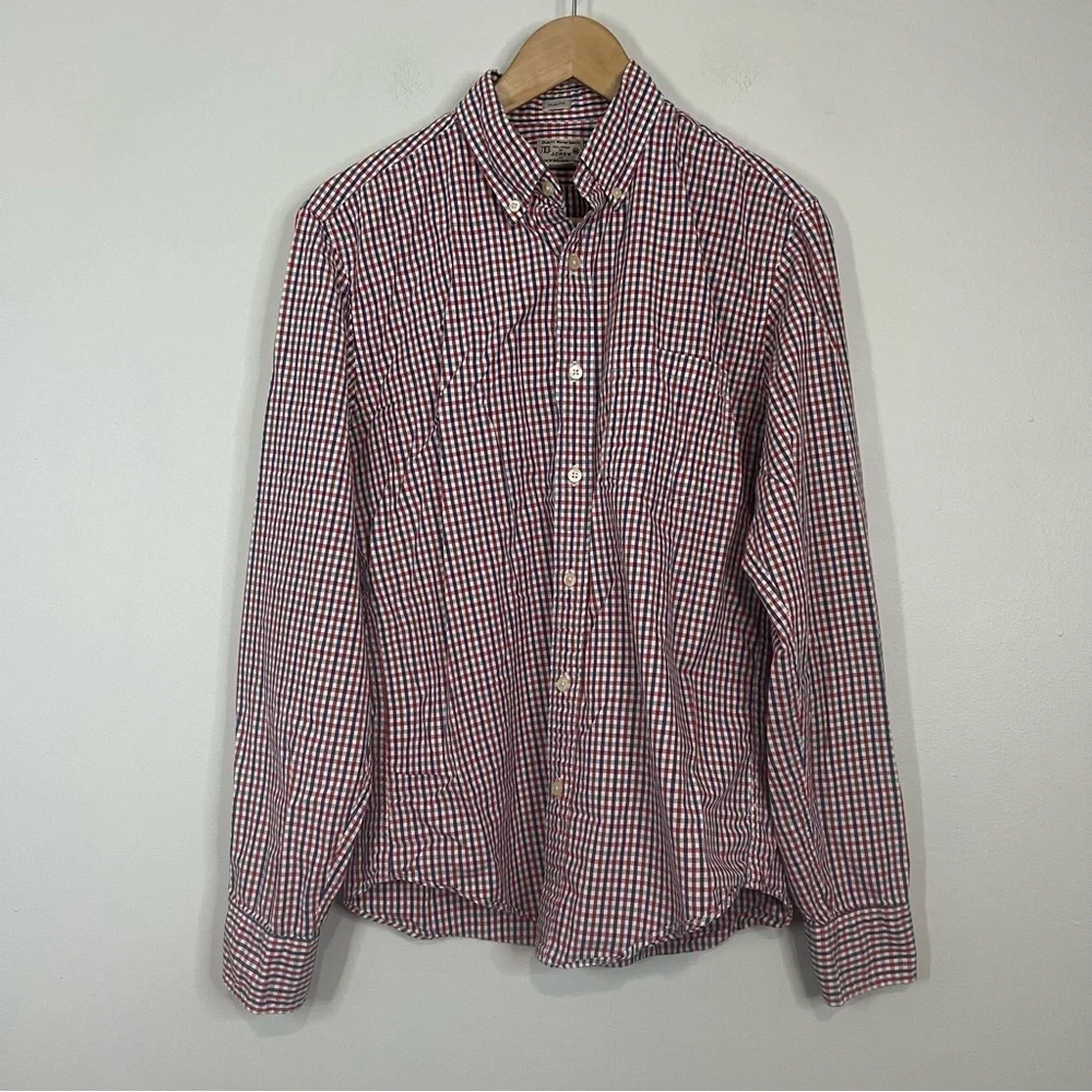 J. Crew Red, White, & Blue Gingham Cotton Slim Button Up Dress Shirt Medium